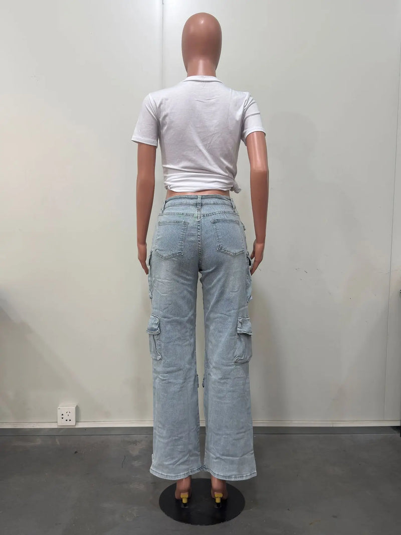 Patchwork Multi-Pocket Denim Pants | MzStar Fashion | view 4