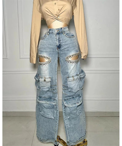 Rhinestone Stretch Cargo Jeans