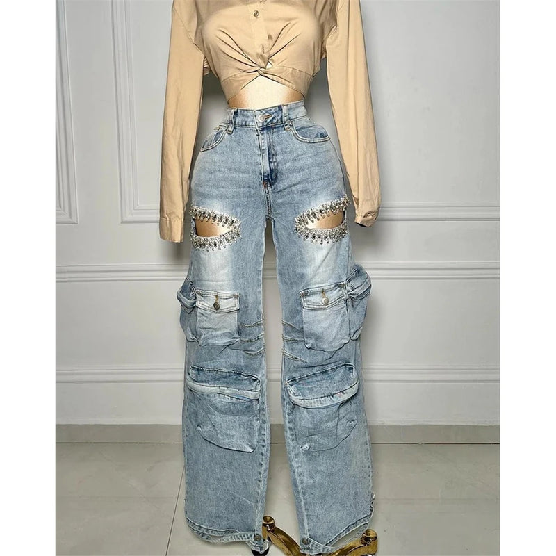 Rhinestone Stretch Cargo Jeans | MzStar Fashion | view 2