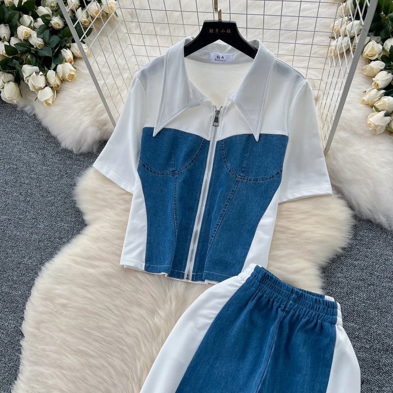Denim Splice Top & Pants Set | MzStar Fashion | view 4