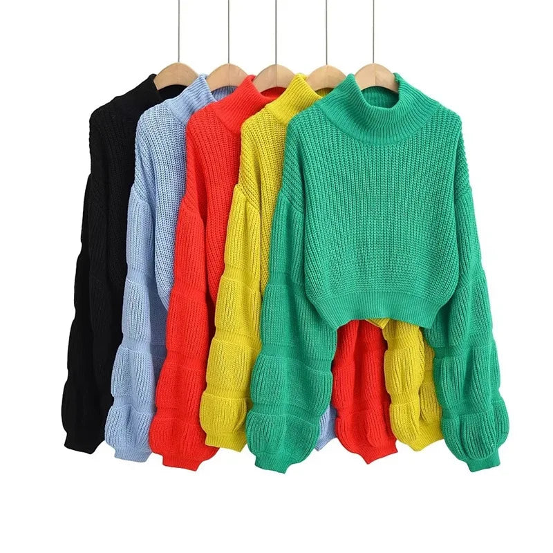 Lantern Sleeve Knit Crop Sweater | MzStar Fashion | view 3