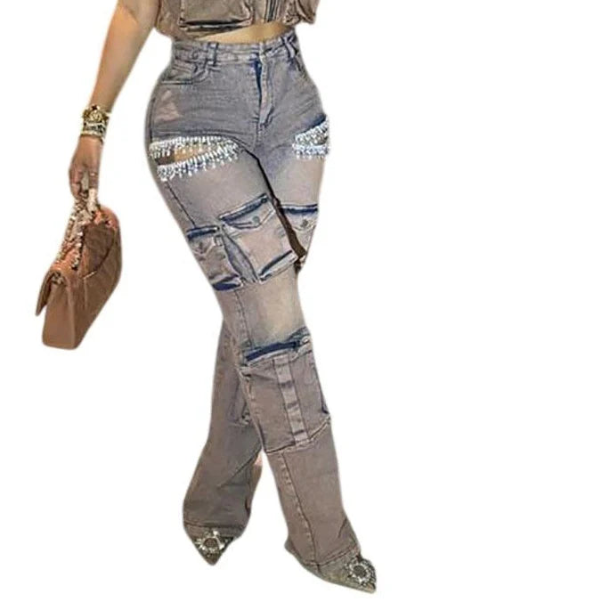 Rhinestone Tassel Multi-Pocket Jeans | MzStar Fashion | view 3