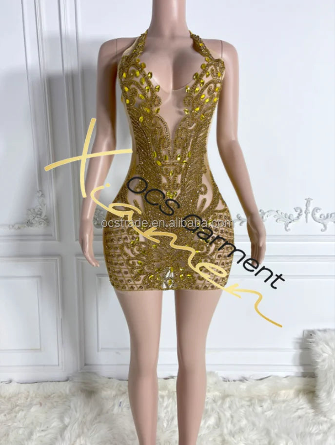 Orange Crystal Halter Mini Dress | MzStar Fashion | view 5