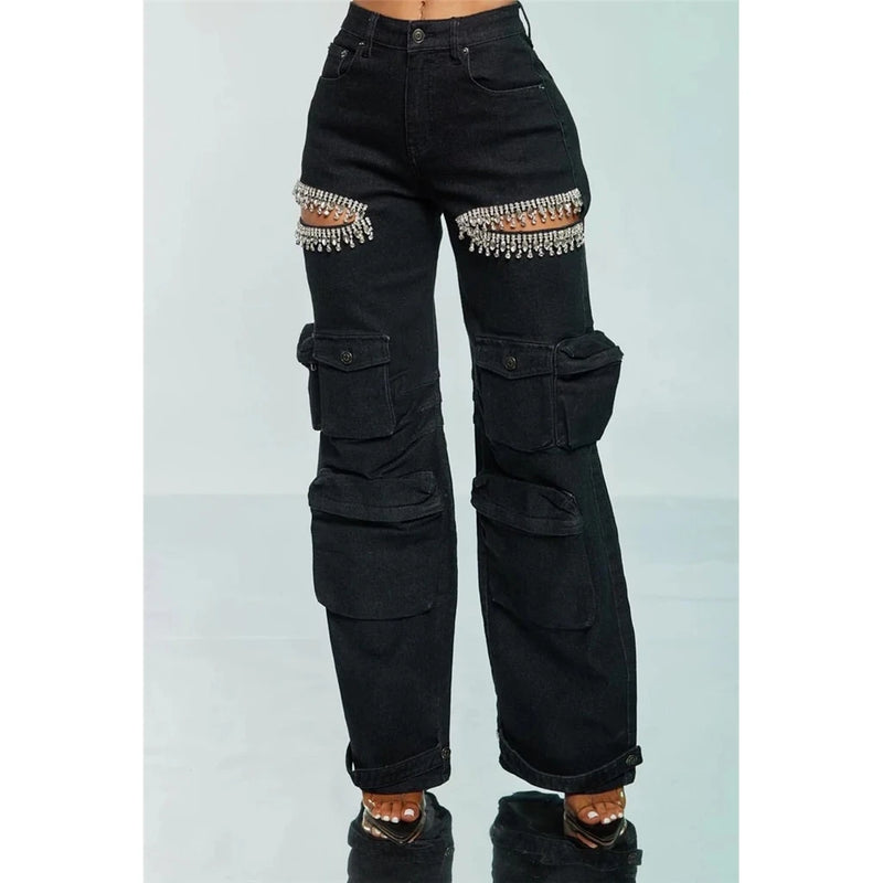 Rhinestone Stretch Cargo Jeans | MzStar Fashion | view 3