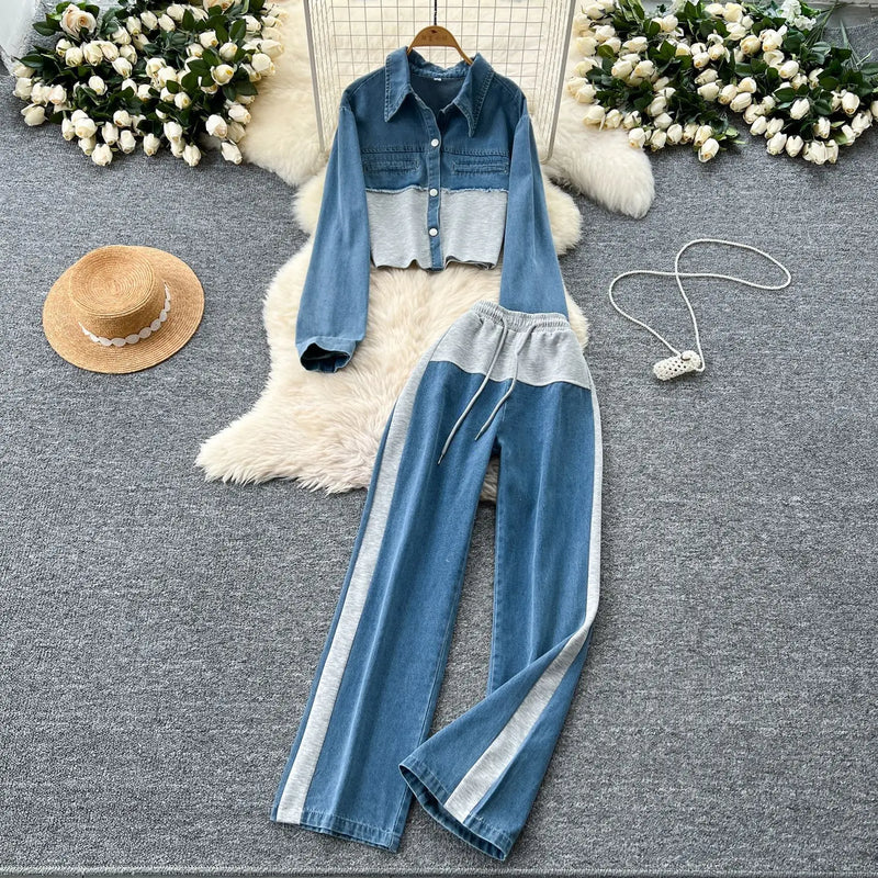 Denim Splice Lapel Coat Set | MzStar Fashion | view 3