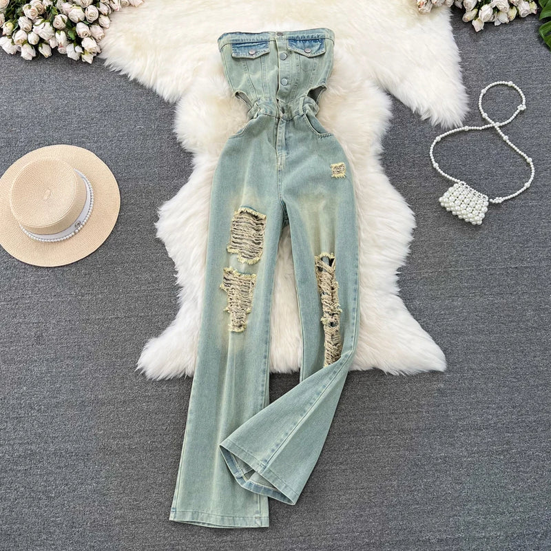 Strapless Ripped Denim Jumpsuit | MzStar Fashion | view 6