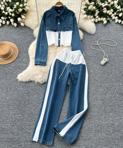 Denim Splice Lapel Coat Set | MzStar Fashion
