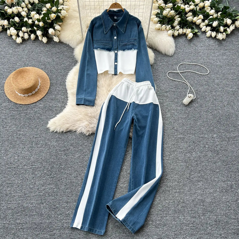 Denim Splice Lapel Coat Set | MzStar Fashion