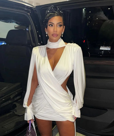 White Choker Cape-Sleeve Dress | MzStar Fashion