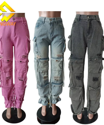 High-Waist Baggy Cargo Jeans | MzStar Fashion
