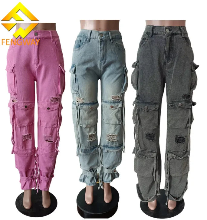 High-Waist Baggy Cargo Jeans | MzStar Fashion