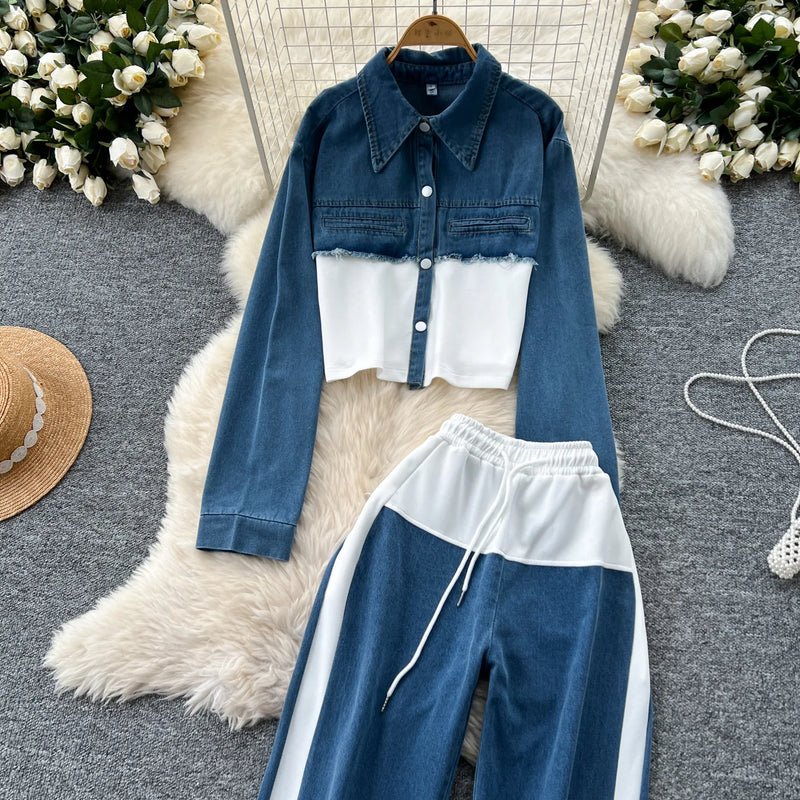 Denim Splice Lapel Coat Set | MzStar Fashion | view 4
