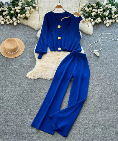 V-Neck Knit Three-Piece Set | MzStar Fashion