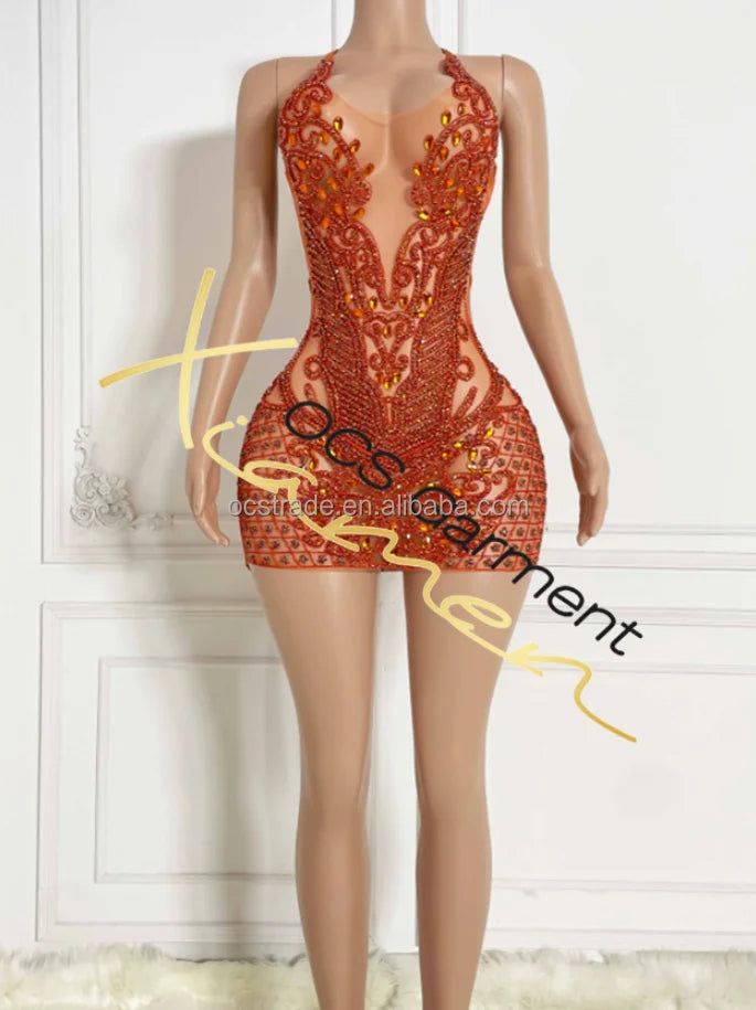 Orange Crystal Halter Mini Dress | MzStar Fashion | view 4