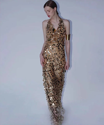 Mesh Sequin Halter Gown | MzStar Fashion