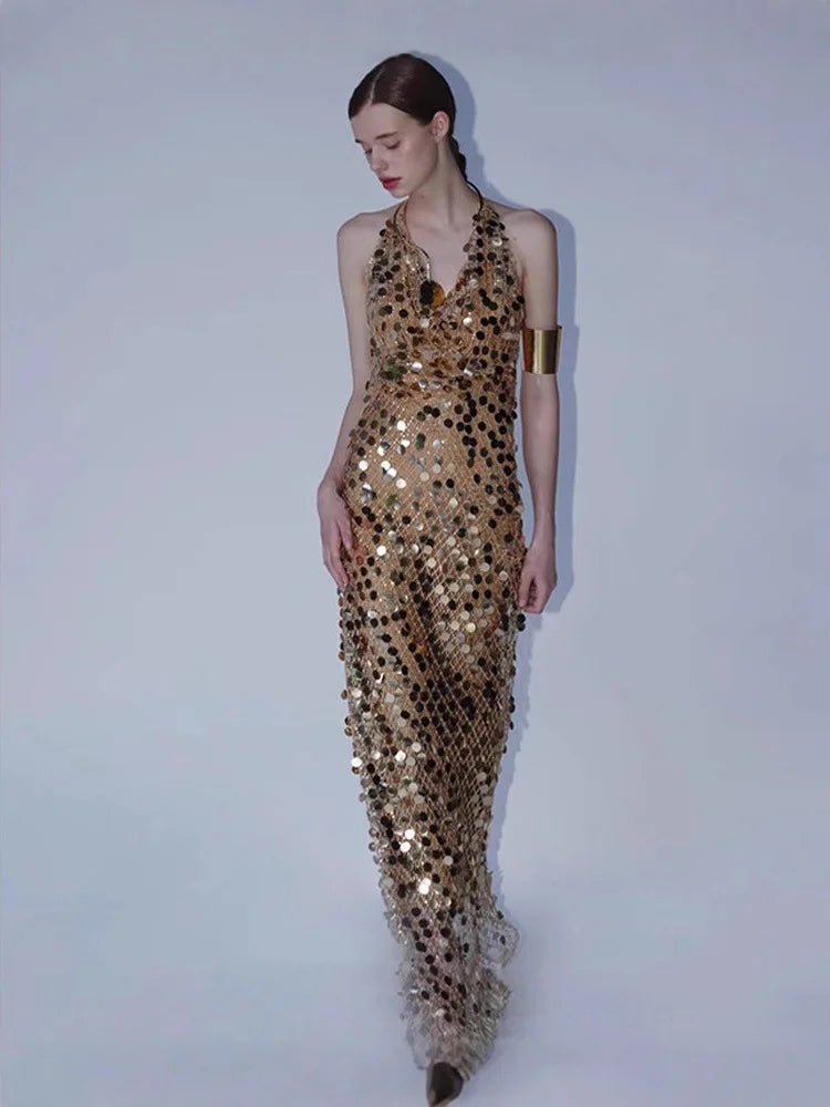 Mesh Sequin Halter Gown | MzStar Fashion
