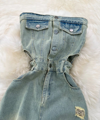 Strapless Ripped Denim Jumpsuit