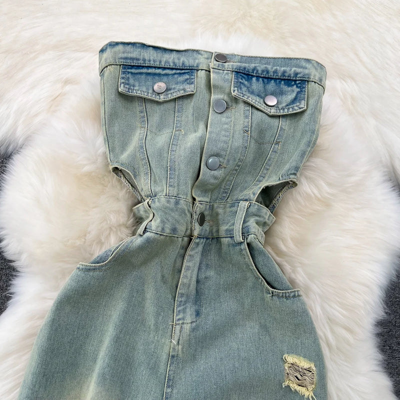 Strapless Ripped Denim Jumpsuit | MzStar Fashion | view 2