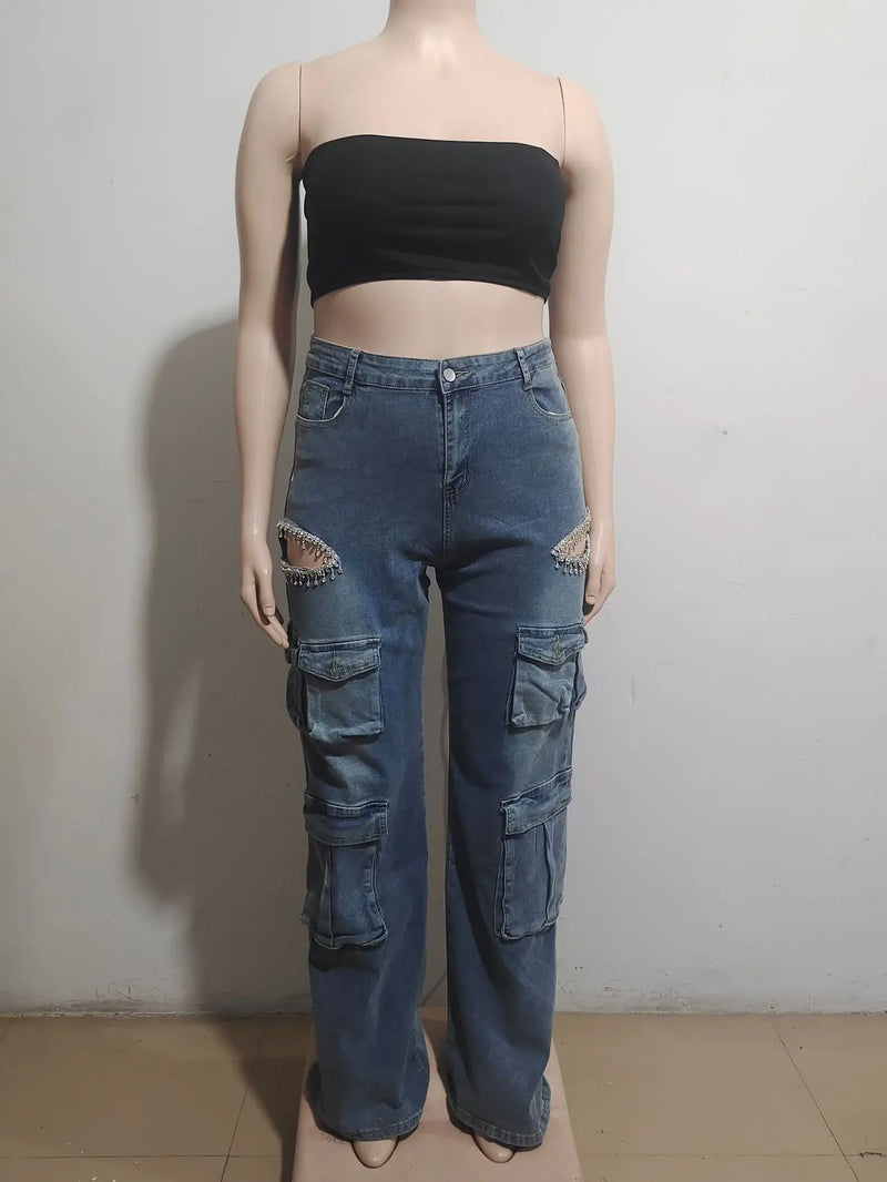 Rhinestone Tassel Multi-Pocket Jeans | MzStar Fashion | view 4