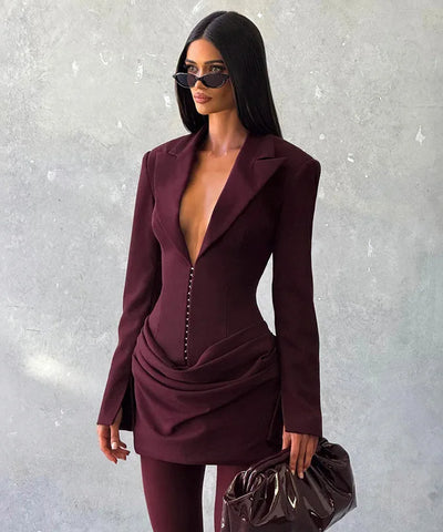 Ruched V-Neck Splice Mini Dress