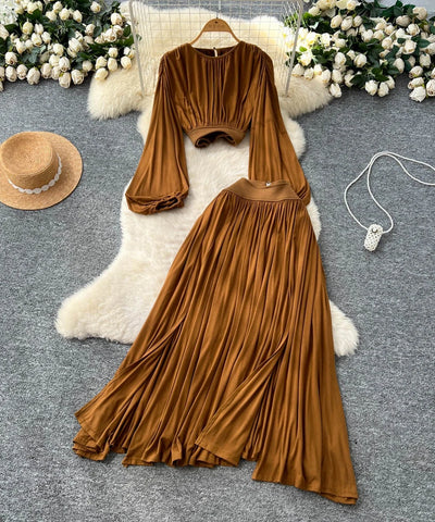 Lantern Blouse & Slit Skirt Set | MzStar Fashion