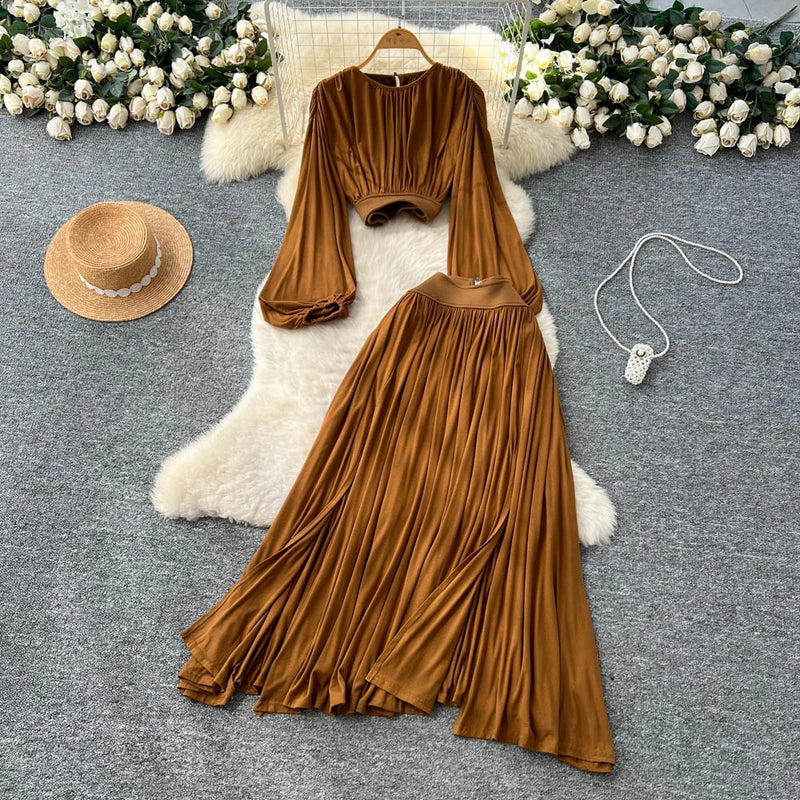 Lantern Blouse & Slit Skirt Set | MzStar Fashion