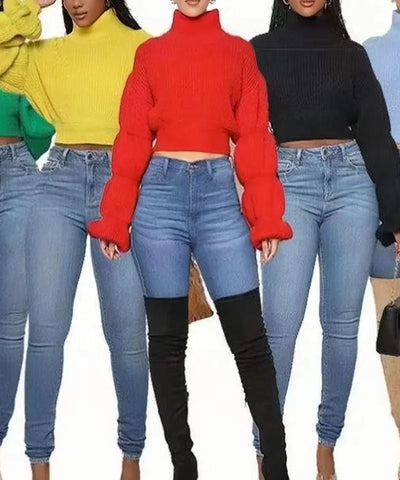 Lantern Sleeve Knit Crop Sweater