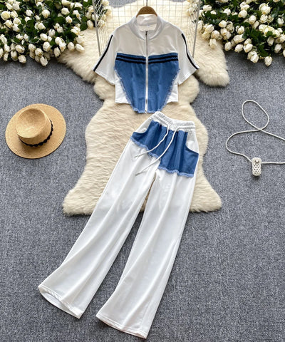 Denim Patchwork Shirt & Pants Set | MzStar Fashion