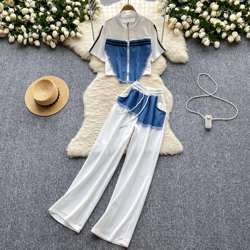 Denim Patchwork Shirt & Pants Set | MzStar Fashion