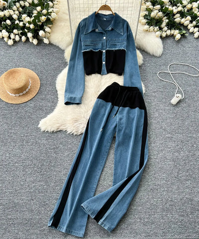 Denim Splice Lapel Coat Set