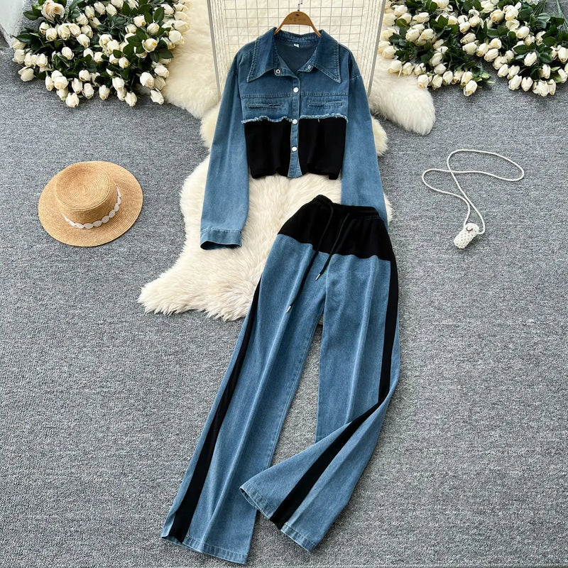 Denim Splice Lapel Coat Set | MzStar Fashion | view 2