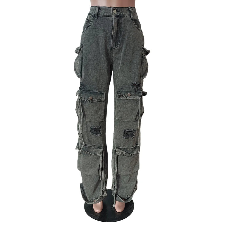 High-Waist Baggy Cargo Jeans | MzStar Fashion | view 3