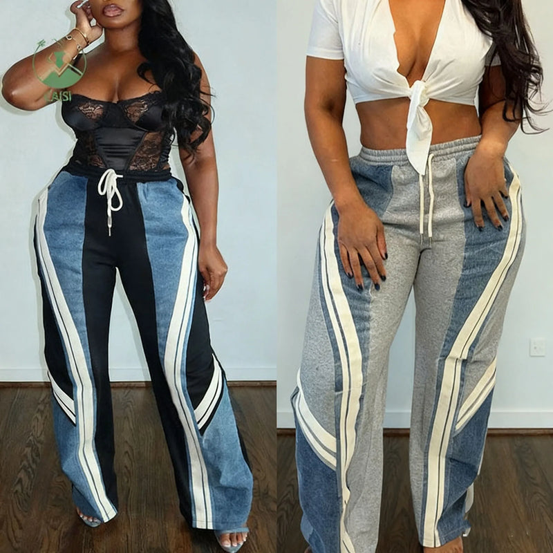 Color-Block Patchwork Loose Pants | MzStar Fashion