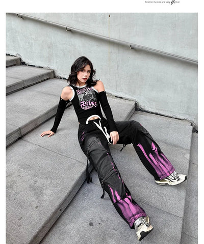 Graffiti Color-Block Denim Work Pants