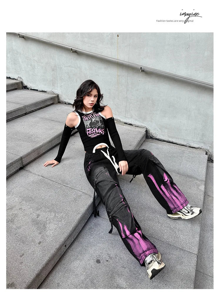 Graffiti Color-Block Denim Work Pants | MzStar Fashion | view 2