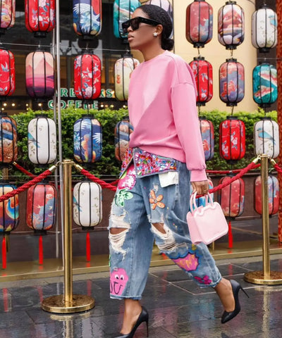Sequin Ripped Straight-Leg Jeans