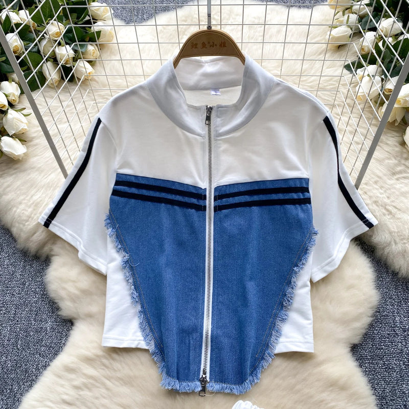 Denim Patchwork Shirt & Pants Set | MzStar Fashion | view 3