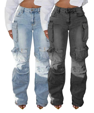 Patchwork Multi-Pocket Denim Pants | MzStar Fashion