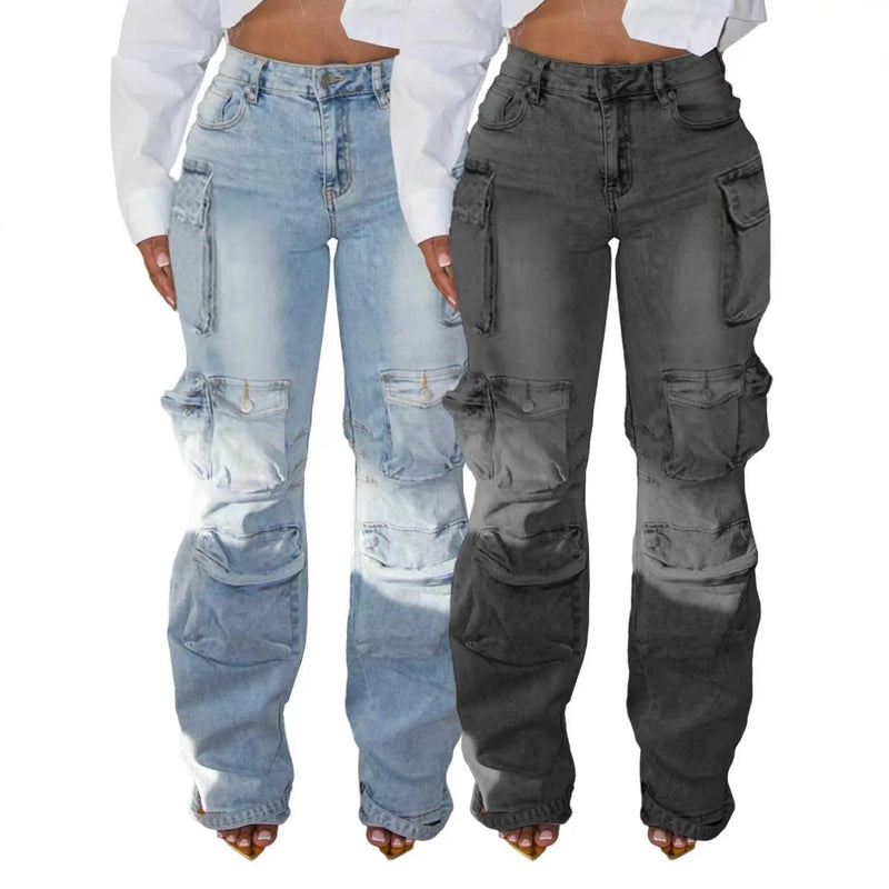Patchwork Multi-Pocket Denim Pants | MzStar Fashion