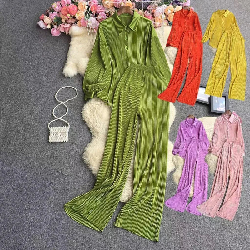 Pleated Polo Top & Pants Set | MzStar Fashion