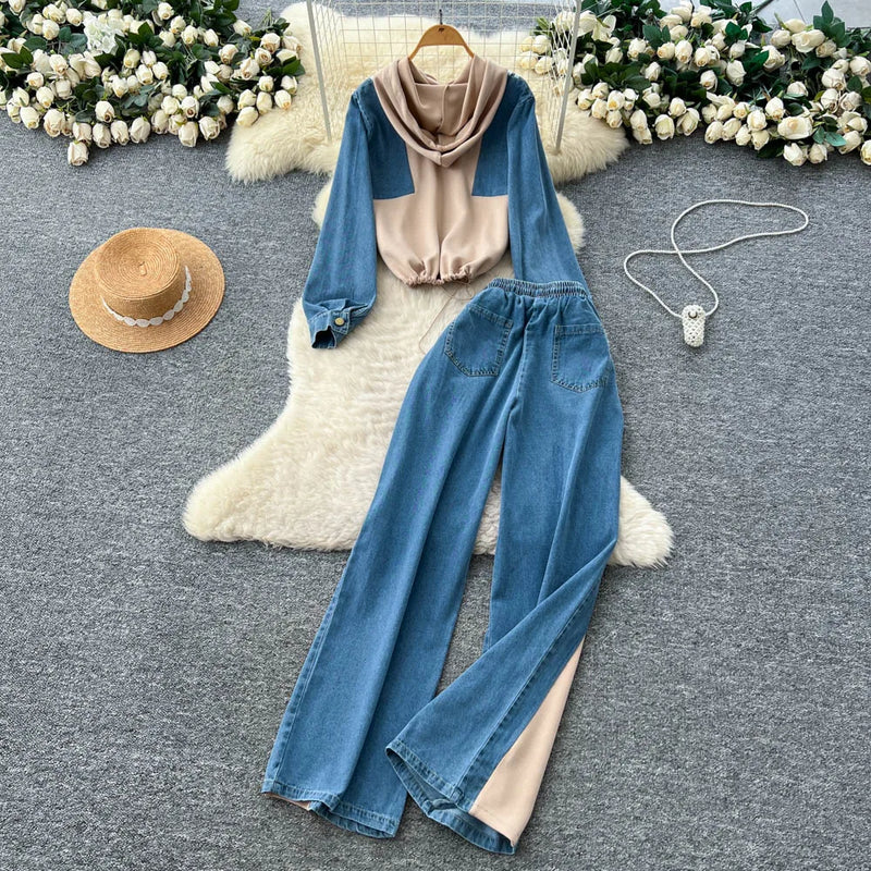 Hooded Denim Patchwork Set | MzStar Fashion | view 4