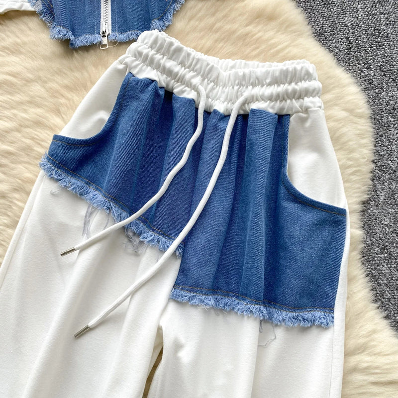 Denim Patchwork Shirt & Pants Set | MzStar Fashion | view 5