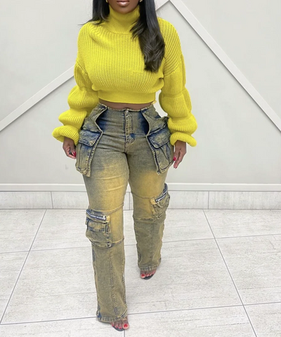 Lantern Sleeve Knit Crop Sweater | MzStar Fashion