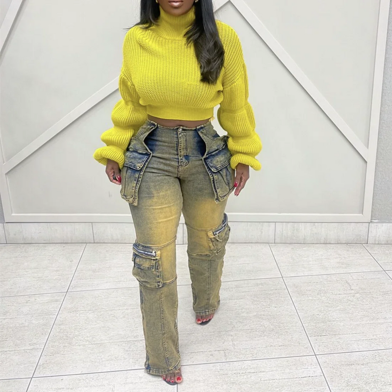 Lantern Sleeve Knit Crop Sweater | MzStar Fashion
