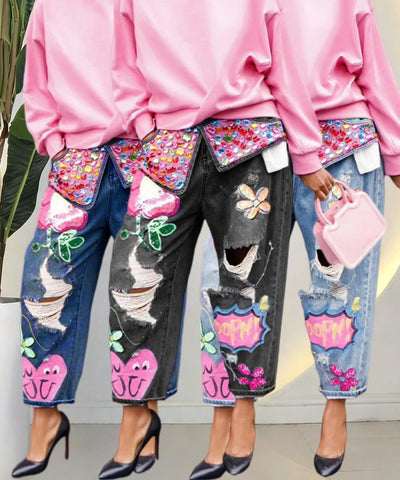 Sequin Ripped Straight-Leg Jeans | MzStar Fashion
