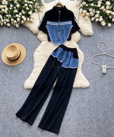Denim Patchwork Shirt & Pants Set
