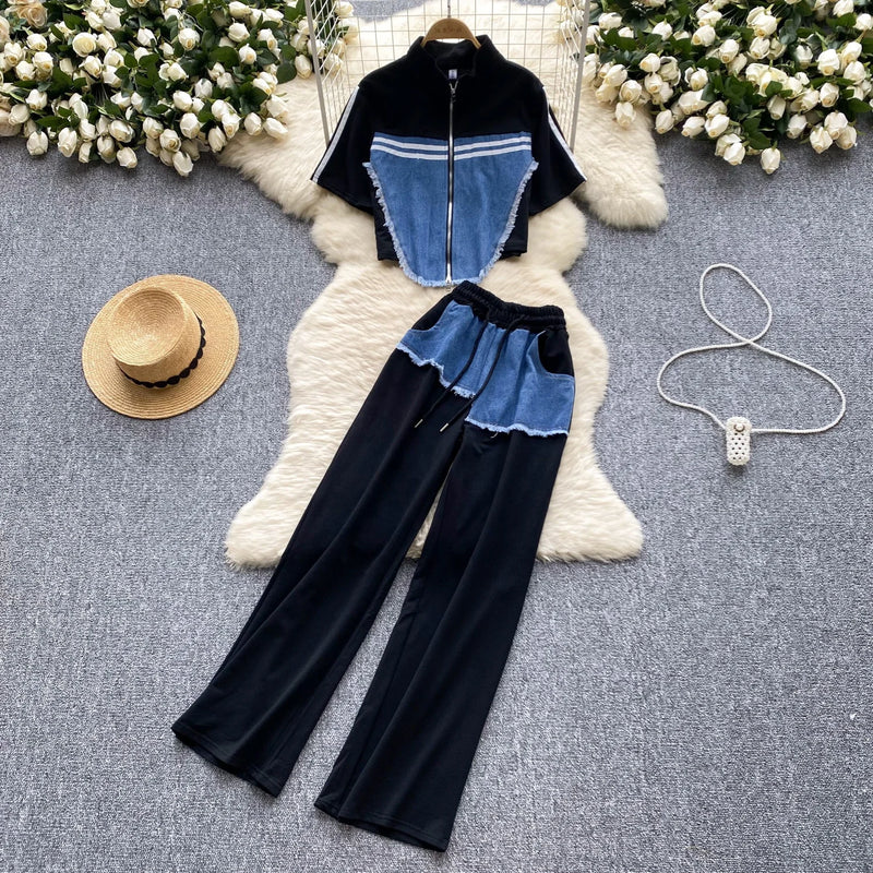 Denim Patchwork Shirt & Pants Set | MzStar Fashion | view 2