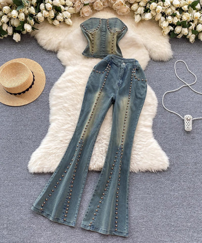 Rivet Tube Top & Jeans Set | MzStar Fashion