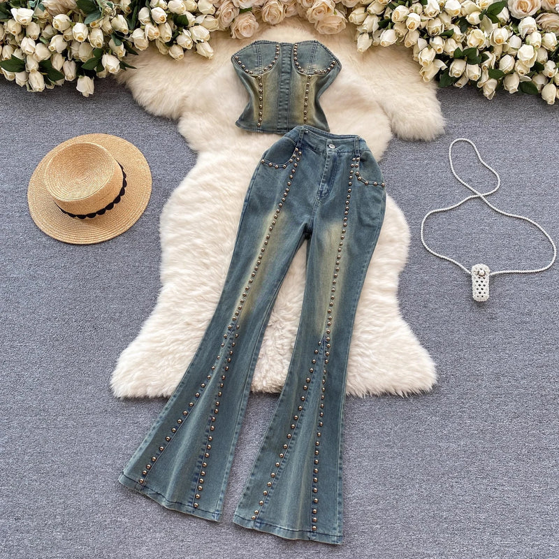 Rivet Tube Top & Jeans Set | MzStar Fashion