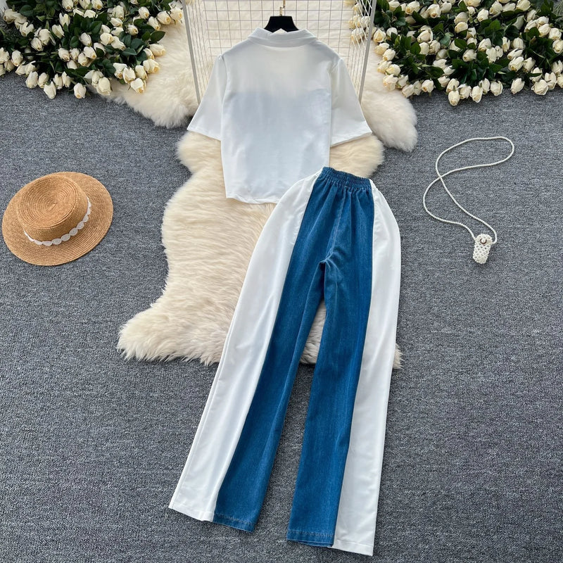 Denim Splice Top & Pants Set | MzStar Fashion | view 3